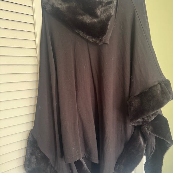 Saks Fifth Avenue Black Poncho with Faux Fur Trim - Picture 2 of 3